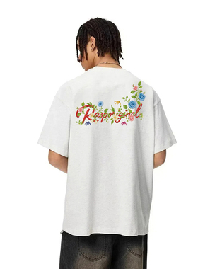 RASP花体雏菊仿刺绣LOGO印花美式高街宽松圆领短袖T恤速干上衣潮