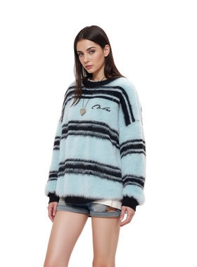 RASP美式街头仿马海毛针织衫秋冬毛衣条纹撞色拼接慵懒风情侣上衣