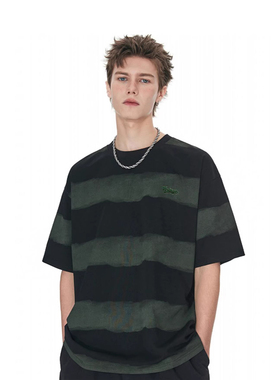 RASP刺绣扎染条纹短袖t恤男女夏季宽松美式复古半袖情侣原创潮牌