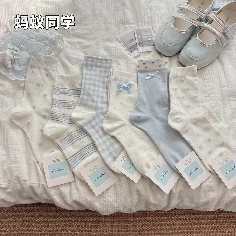 海盐晴空无骨抗起球蝴蝶结中筒女袜春夏薄款蓝色系透气甜美少女风