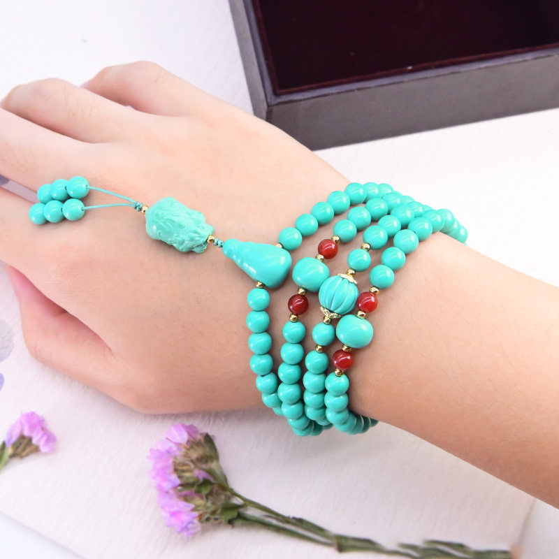 몽골어 소나무 청록색 팔찌 108 묵주 비즈 멀티 서클 팔찌 PIXIU 액세서리 민족 스타일 여성용 팔찌
