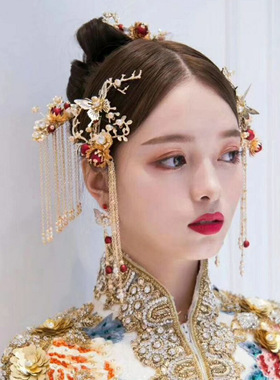工厂古风秀禾服头饰套装新娘发饰中式复古蝴蝶结女式秀禾头饰