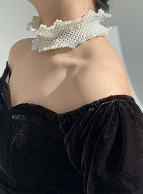 欧式重工花边湾湾珍珠编织项链choker