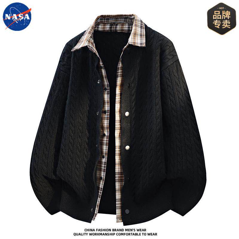 NASA品牌高质量假两件针织开衫肌理感毛衣男士秋季休闲老钱风外套