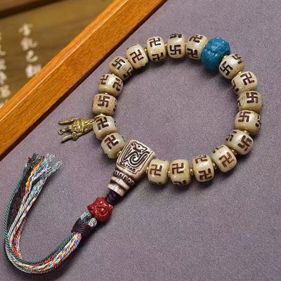 藏传回流骨雕刻万字桶珠手串单圈文玩佛珠朱砂玛瑙牦牛骨料器