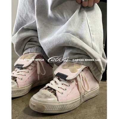 catsofa/创意补丁粉色豹纹Y2K帆布鞋男女同款百搭系带休闲板鞋