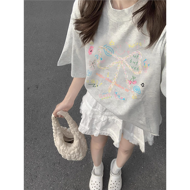 美式灰色纯棉短袖t恤女大童2026新款韩系初中生夏日穿搭宽松上衣
