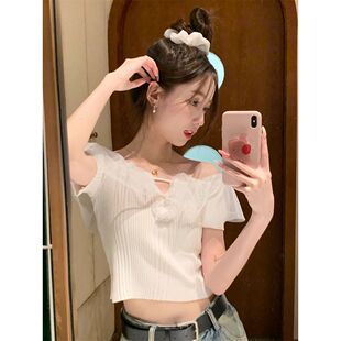 女绝美花朵网纱拼接短款 法式 针织衫 绿色高级感短袖 上衣 一字领夏季