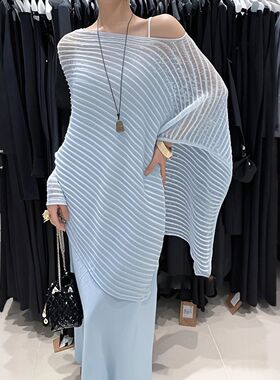 蓝色chill慵懒松弛感斗篷罩衫女度假外搭防晒披肩不规则透视上衣