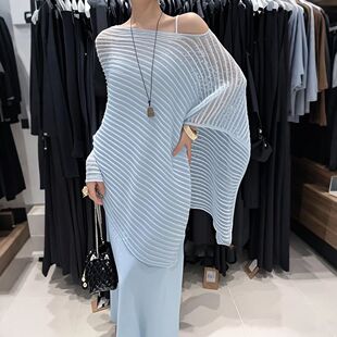 蓝色chill慵懒松弛感斗篷罩衫 女度假外搭防晒披肩不规则透视上衣