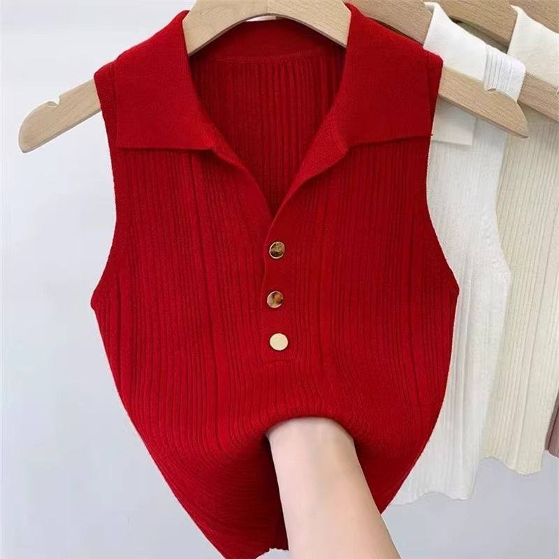 冰丝针织吊带POLO翻领