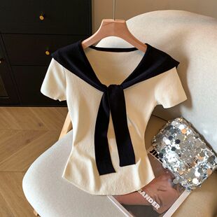 新款 自留款 针织T恤女夏季 学院风披肩短袖 高级感洋气别致上衣 推荐