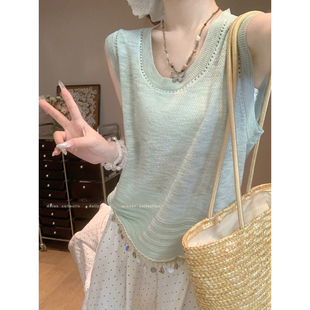 miu系薄荷绿色流苏下摆针织无袖 上衣 T恤女夏纯欲bm风松弛感小飞袖