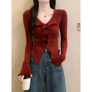 T恤 上衣miu圣诞2025蛇年本命年长袖 红色v领打底衫 女秋冬内搭短款