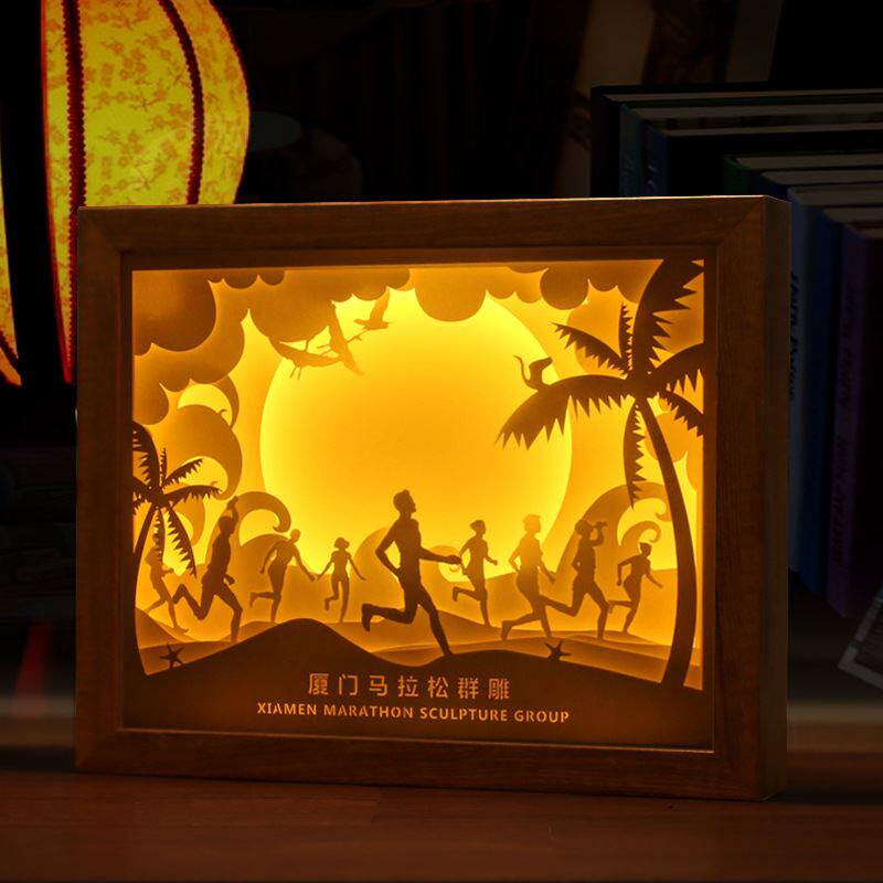 厂家直销光影纸雕灯3d立体小夜灯摆件创意纸雕画马拉松装饰画
