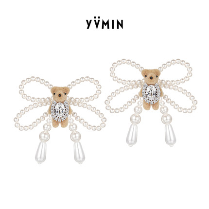 YVMIN尤目 迷你珍珠蝴蝶结植绒小熊密镶宝石耳钉耳饰新年生日礼物