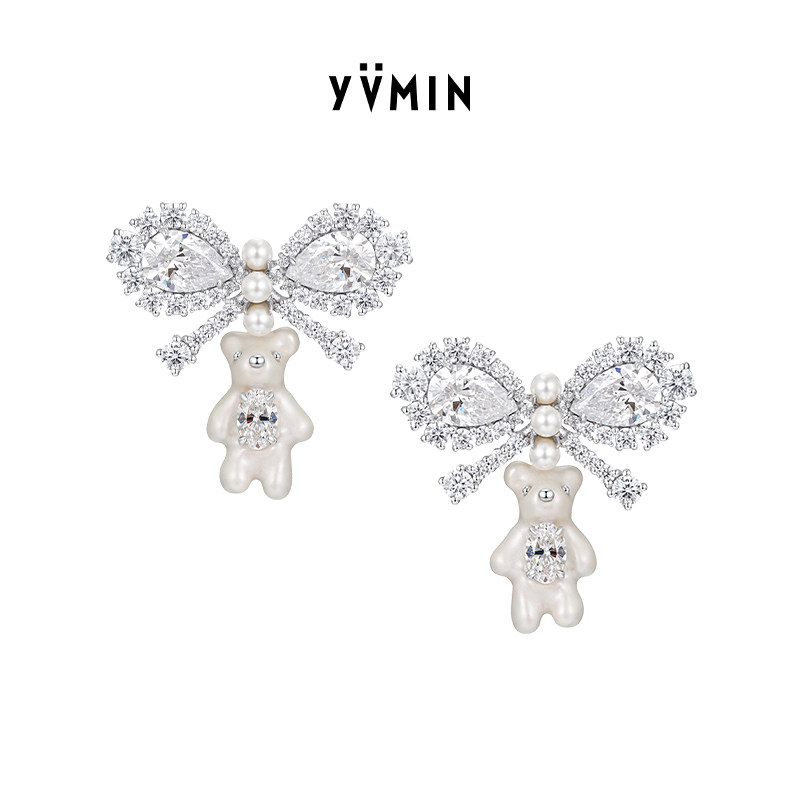 YVMIN尤目 宝石蝴蝶结珠光小熊耳钉耳饰设计师生日礼物女生