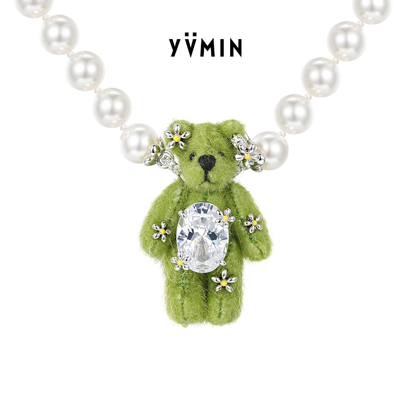 YVMIN尤目 草地布料小熊珍珠项链宝石镶嵌颈链生日礼物设计师新品