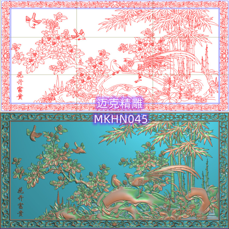 花开富贵精雕图新款花鸟洋花边框浮雕灰度图四季花浮雕带线矢量图