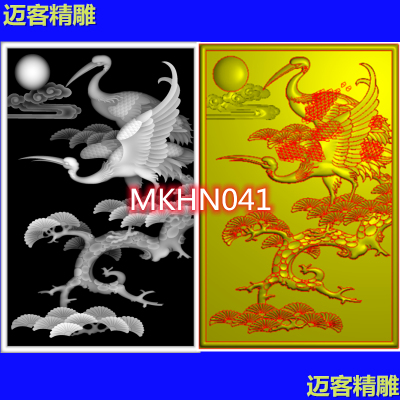 松鹤背板精雕图竖版松鹤浮雕灰度图带线松鹤背景墙