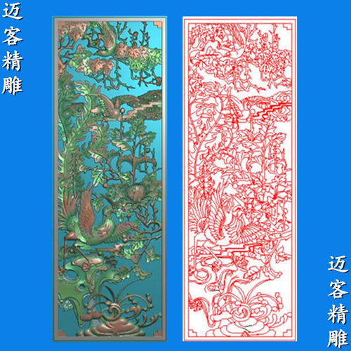 镂空花鸟精雕图竖版仙鹤梅兰竹菊玄关镂空浮雕图线雕矢量图木雕