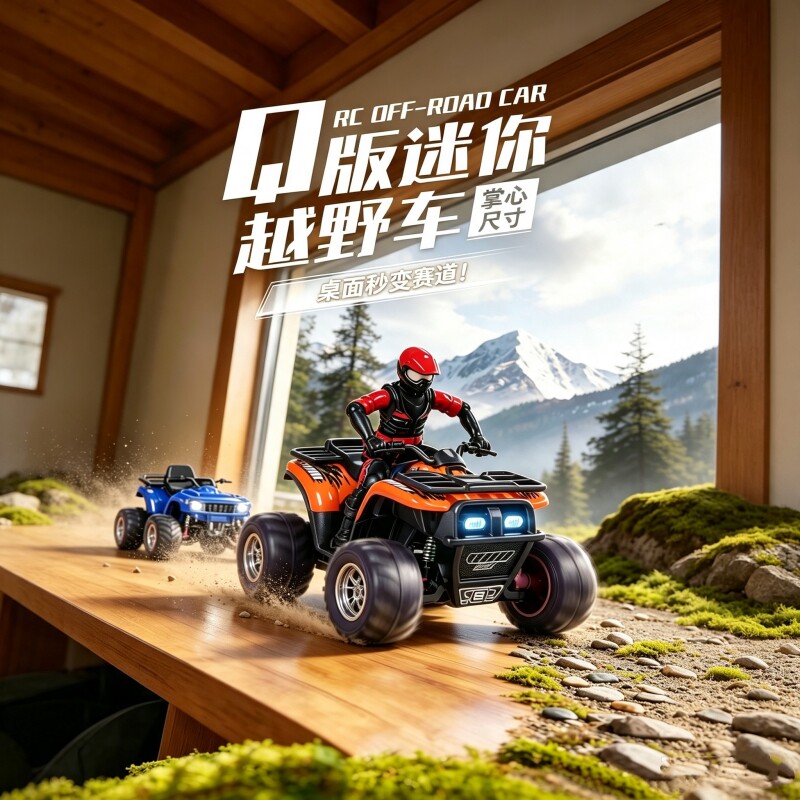 Q版合金RC大脚怪遥控越野车迷你四轮沙滩摩托桌面玩具模型小车