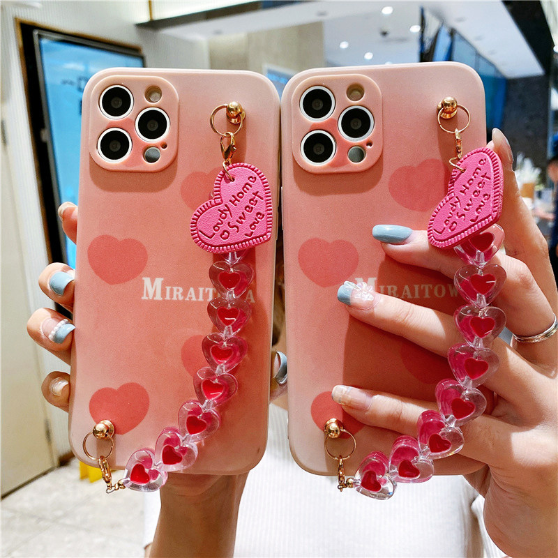 夏日清新渐变粉爱心链条腕带适用13/12Pro/11Max苹果X/XS/XR手机壳iPhone7p女8plus硅胶6s创意se2防摔保护套,3C数码配件,手机保护套/壳,淘宝优惠券,粉丝福利购,淘宝优惠卷