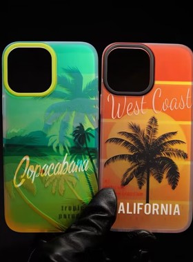 加利福尼亚夏日椰树iPhone14ProMax手机壳镭射橙绿色适用苹果14创意时尚新款13Pro男女情侣12PM保护套11防摔