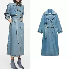 Spring New European and American Style ins Retro Casual Lace-Up Double-Breasted Long Denim Trench Coat 6147048