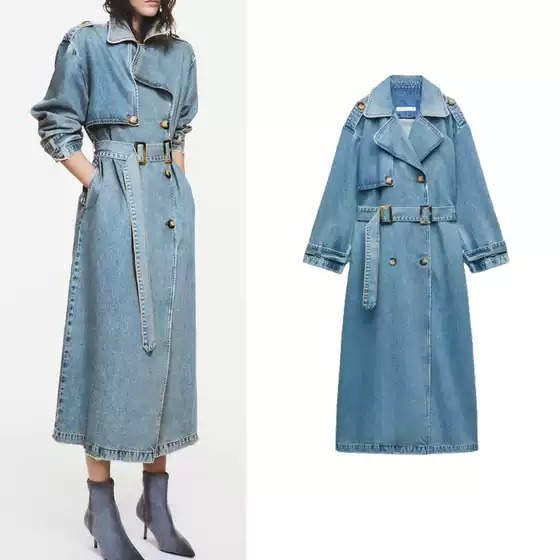 Spring New European and American Style ins Retro Casual Lace-Up Double-Breasted Long Denim Trench Coat 6147048