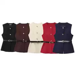 Autumn and Winter New Women's Clothing European and American Style Belted Simple Sleeveless Round Neck Short Vest Vest 9300525