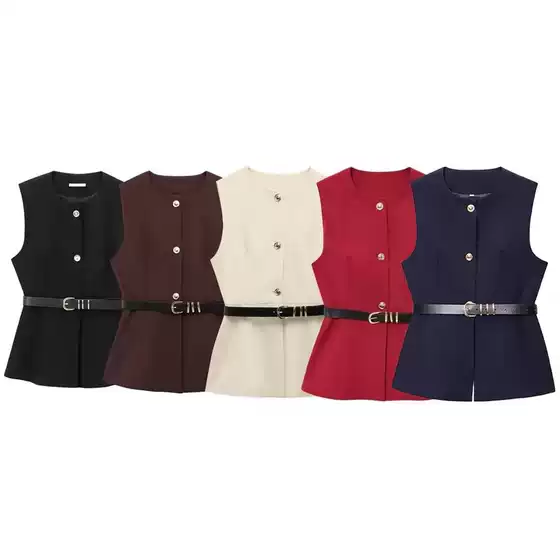 Autumn and Winter New Women's Clothing European and American Style Belted Simple Sleeveless Round Neck Short Vest Vest 9300525