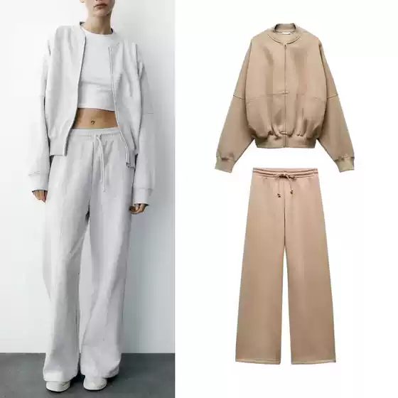 Autumn and Winter Zip-Up Bomber Jacket Style Sweatshirt 3199802 Loose High-Waisted Velvet Pants 3199803