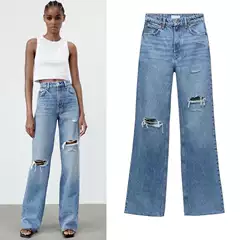 Spring New Slimming High-Waisted Straight-Leg Pants with Ripped Decoration Wide-Leg Jeans for Women 06045227407