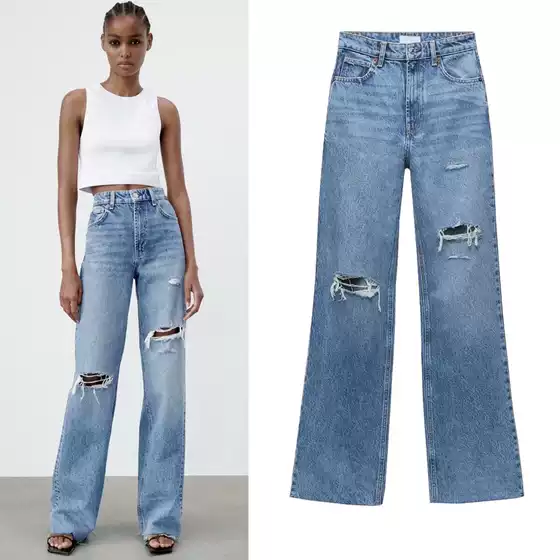 Spring New Slimming High-Waisted Straight-Leg Pants with Ripped Decoration Wide-Leg Jeans for Women 06045227407
