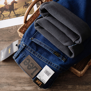 美版正品Lee李男中腰直筒加绒加厚牛仔裤深蓝长裤子休闲百搭秋冬