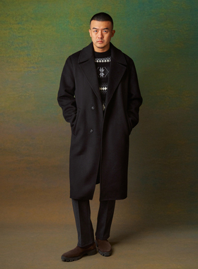 海军大衣外套男士宽松秋冬羊绒羊毛黑色过膝中长款AllenXie艾伦谢