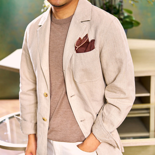 亚麻猎装夹克春秋季新男士单排扣外套商务休闲宽松AllenXie艾伦谢
