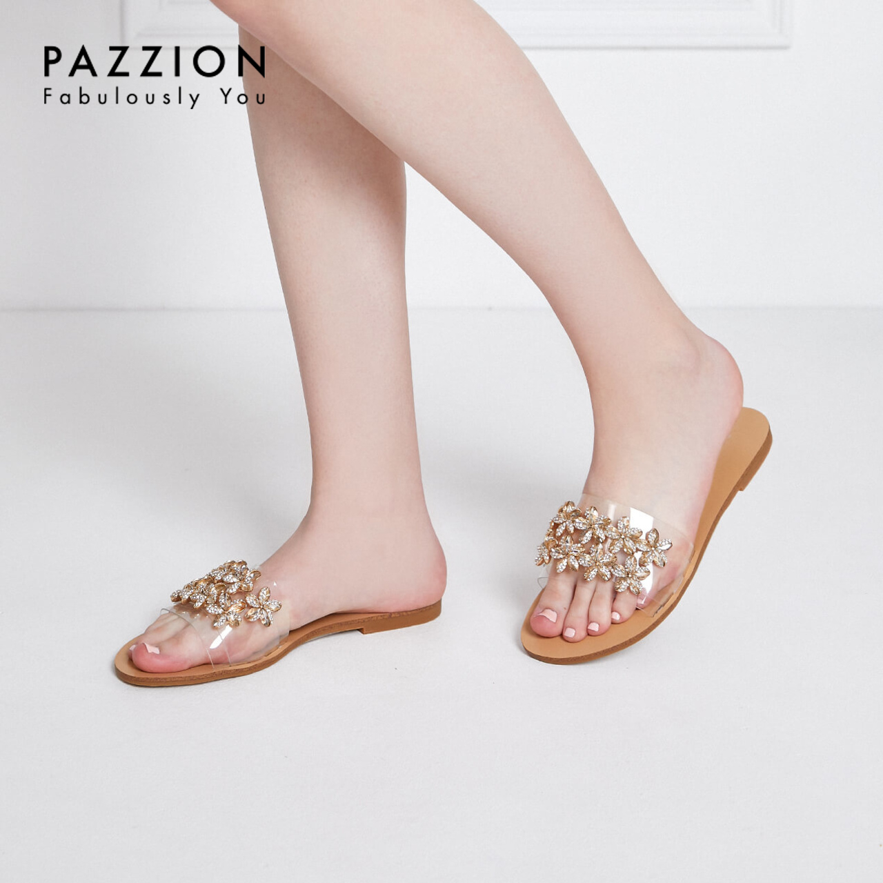 PAZZION甜美水钻花瓣一字面拖鞋2019新款外穿 清凉舒适露趾平底鞋