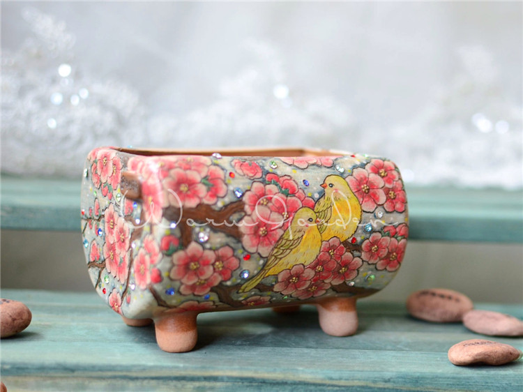 [warmgarden] 黑雪公主 桃花小鸟 大长盆 韩国进口手工盆