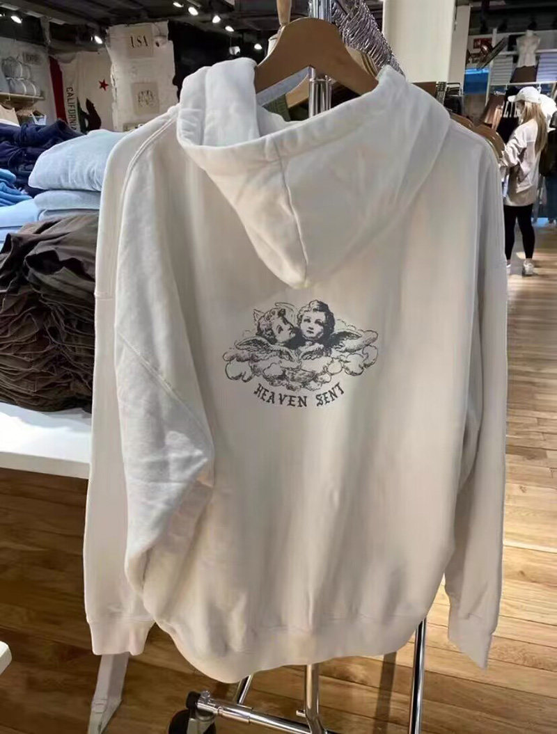 Brandybm官网新款美式复古小天使印花拉链宽松连帽卫衣开衫外套女