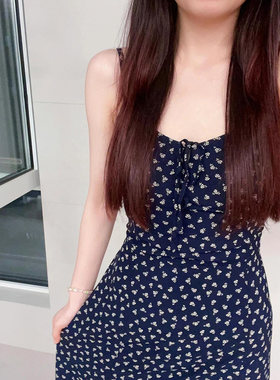 欧美风系带碎花长裙吊带可调节