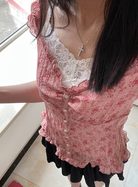 BM新款红色碎花荷叶边深V领衬衫上衣bm夏季薄款纯欲T恤上衣女Tian
