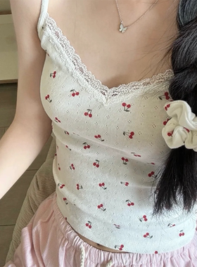 bm樱桃印花吊带蕾丝边V领