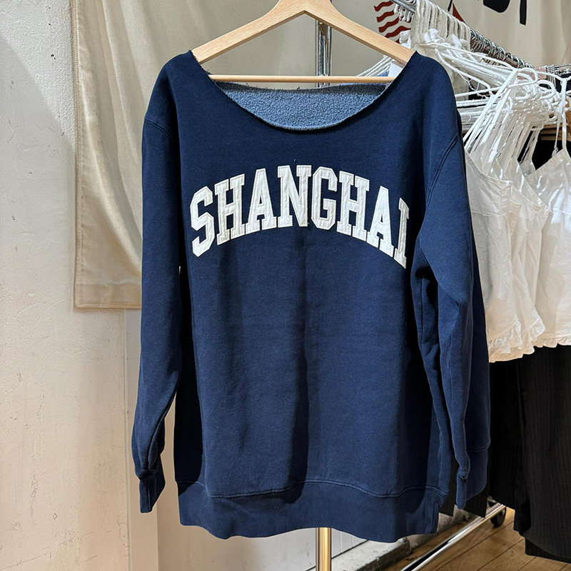 BM官网秋季款藏蓝色一字领shanghai刺绣套头卫衣女bm百搭宽松外套