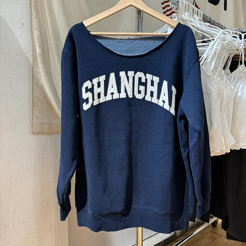 BM官网秋季款藏蓝色一字领shanghai刺绣套头卫衣女bm百搭宽松外套