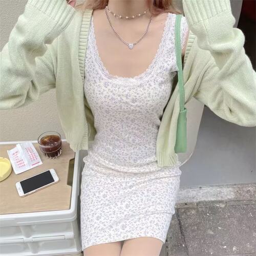 BrandyGirl BM官网新款米白底蓝色小碎花蕾丝花边bm背心连衣裙女