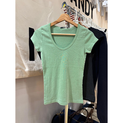BM浅绿V领短袖纯棉修身T恤女