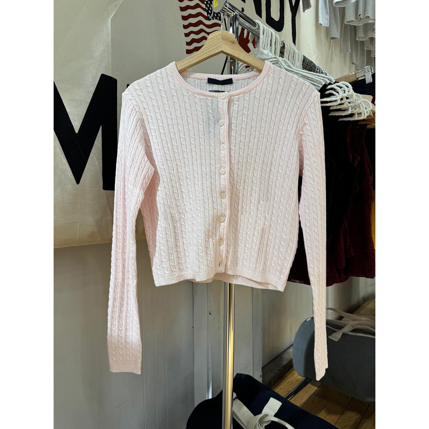 BM新款浅粉色麻花针织开衫圆领上衣bm秋冬休闲百搭长袖外套上衣女