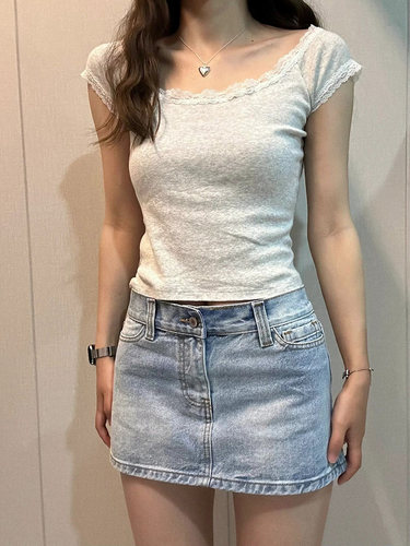 Brandy BM官网新款美式百搭灰色蕾丝边短袖T恤bm纯棉半袖短款上衣